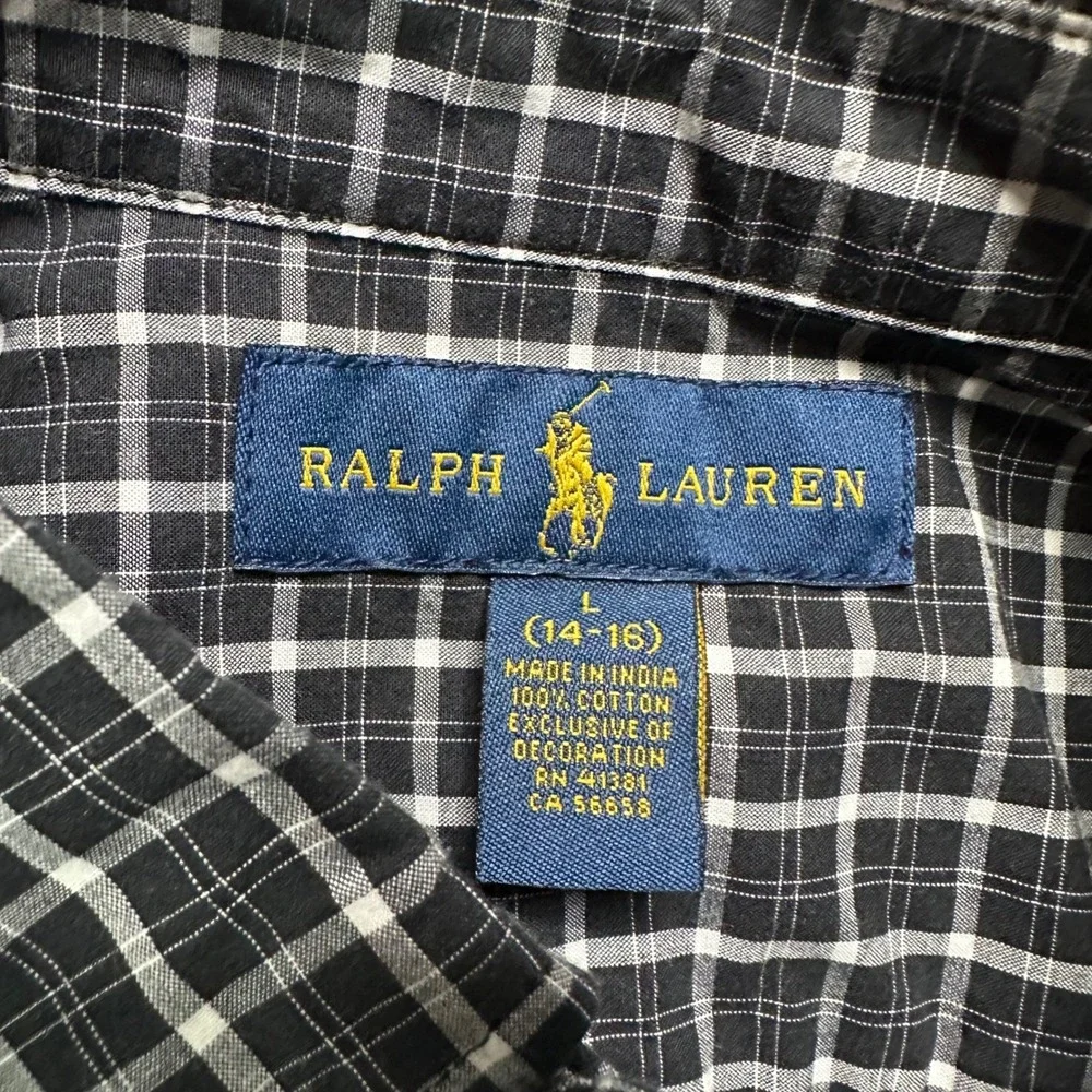 Ralph Lauren Boys Large 14-16 Black White Plaid Button Down Long Sleeve Shirt